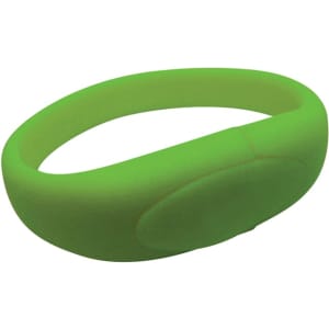 A green silicone wristband with a smooth surface and a simple design, featuring a branding logo.