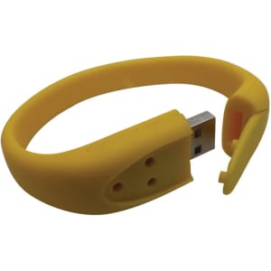 A yellow silicone wristband with a USB connector attached, featuring a simple design and a small logo.