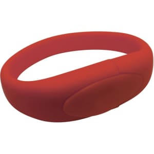 A red silicone wristband with a smooth surface and a logo. The band is flexible and designed for various events.