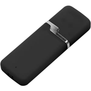 A black USB flash drive with a sleek design and silver detailing. The product features a branding logo.