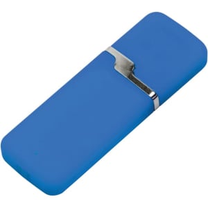 A blue flash drive with a silver clip, featuring a sleek and modern design.
