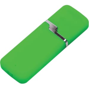 A bright green flash drive with a silver clip, featuring a sleek, rounded design and a logo.