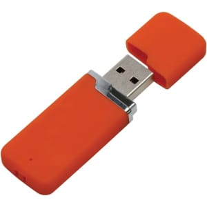 An orange flash drive with a silver connector and a removable cap. It features a logo on its body.