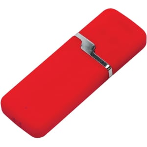 A red flash drive with a sleek silver accent, featuring a branding logo.
