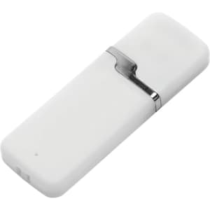 A white flash drive with a metallic clasp and a smooth surface, featuring a logo.