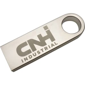 A metallic silver flash drive with a hole for attaching to keychains and a logo on the surface.