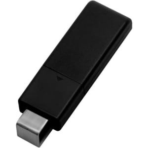 A black flash drive with a metal connector and a sleek, rectangular design. It includes a brand logo.