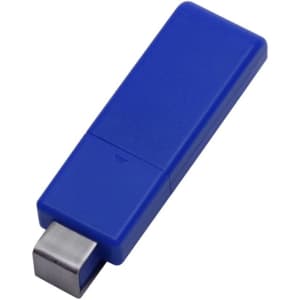 A blue flash drive with a metallic connector and a smooth design. Includes a branding logo.
