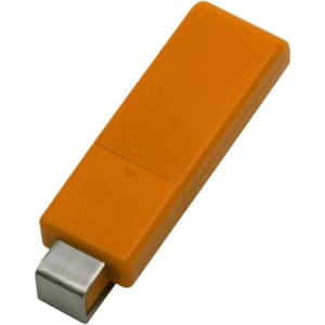 An orange flash drive with a silver connector. The design is sleek and modern, featuring a rectangular shape.
