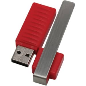 A red and silver Reuban flash drive, featuring a ribbed design and a detachable metal cap.