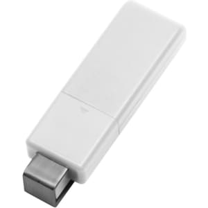 A white flash drive with a silver connector. The product features a simple, sleek design and has a logo.