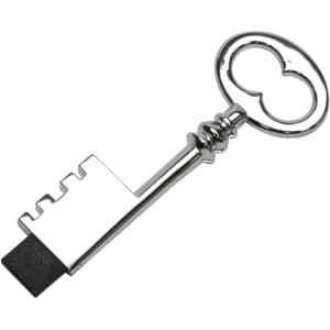 A silver skeleton key shaped flash drive with a glossy finish and a black tip. It features a logo.