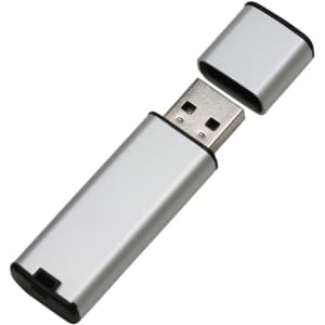 A silver flash drive with a removable cap, featuring a USB connector and a sleek design.