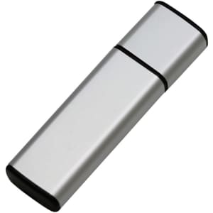 A silver flash drive with a sleek design and black accents. It features a logo on one side.