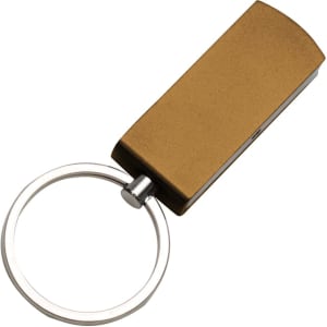 A gold Triton flash drive with a silver keyring attached, featuring a sleek, rectangular design.