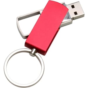 A red flash drive with a silver keyring attachment, featuring a sleek, retractable design.