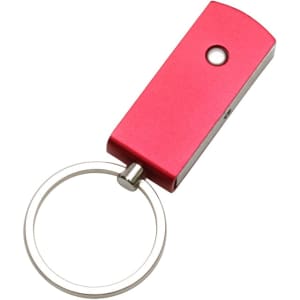 A red Triton flash drive with a keyring attachment and a silver circular keychain.