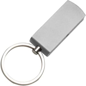 A silver flash drive with a keyring attached, designed for easy portability.