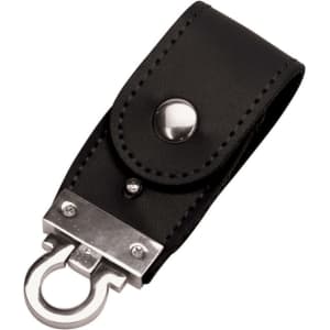 A black PU leather flip drive with a silver metal clip and snap closure, featuring a logo.