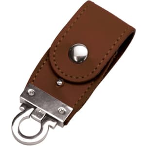 A brown PU leather flip drive with a silver metal clip and snap closure. It features a sleek design for storage.