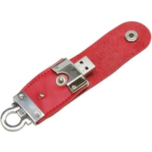 A red PU leather flash drive with a metal clip and snap closure. Features a silver USB connector and branding.