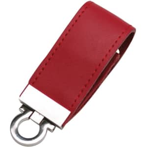 A red PU leather flash drive with a silver metal clip, featuring a simple design and a branding logo.