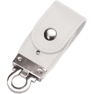 A white PU leather flip drive with a metal clasp and button closure, featuring a branding logo.