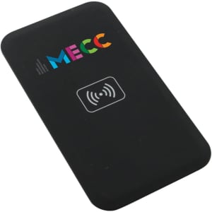 A black wireless charger with a logo, featuring an icon for wireless charging on its surface.