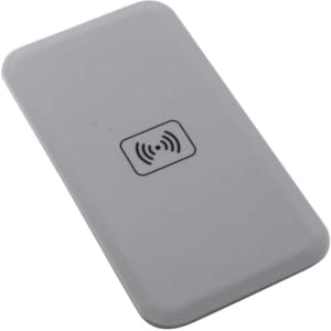 A wireless charger in a sleek grey design with a logo on the surface.