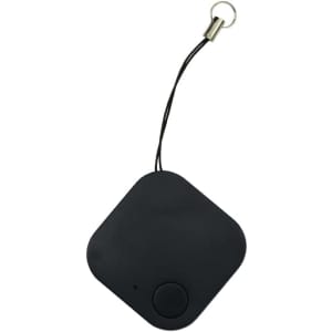 A black square-shaped tracker with a small button and a loop for attachment.