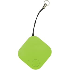 A green, square-shaped tracking device with a black attachment loop and a button.