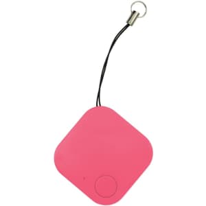 A pink square-shaped smart tag tracker with a black loop for attachment. It features a small button on one side.