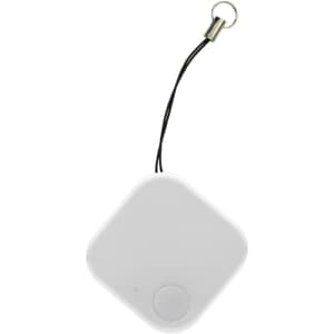 A white square tracker with a circular button and a strap for attachment. It features a small branding logo.