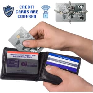 A black wallet holding multiple cards with an RFID card shield visible at the back, featuring a metallic design.