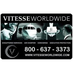 A black promotional card featuring images related to air travel and services, with a logo and contact details.