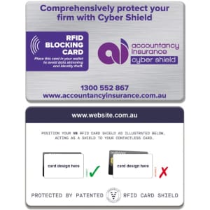 A silver RFID card shield featuring an RFID blocking design and a logo. Includes space for card design.