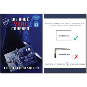 A promotional image featuring a black RFID card shield with a logo, set against a blue background.