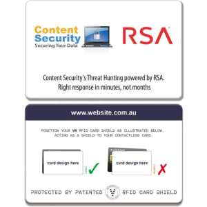 A rectangular RFID card shield featuring a logo and text, designed to protect contactless cards.