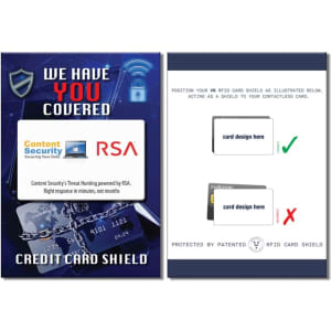 A RFID card shield in a multi-coloured packaging with illustrations and a logo.
