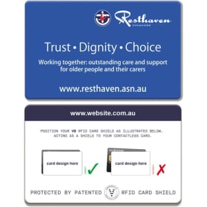 A blue RFID Card Shield with a logo, featuring instructions and space for card design.
