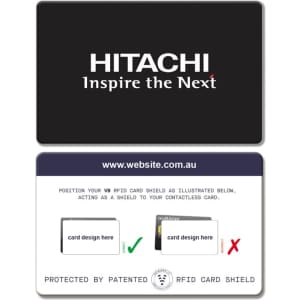 A black RFID Card Shield with a logo and instructions on one side and white design elements on the other.