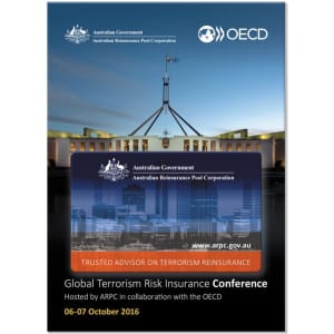 A promotional poster featuring the Australian Government and OECD logos, with a dark background and an image of Parliament House.