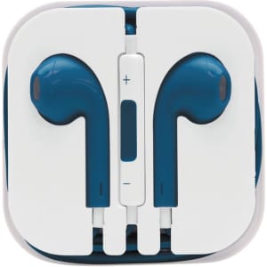 A pair of blue Razor Cabled Earphones neatly packaged in a white case with a control button.