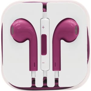 Razor Cabled Earphones in a compact case, featuring purple earbud design with a white casing and a control button.