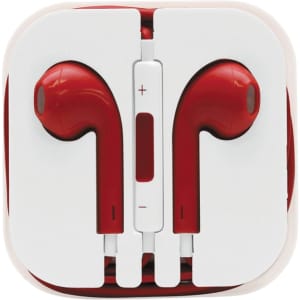 Red Razor Cabled Earphones neatly packaged in a white case with an in-line remote control.
