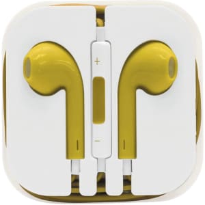 Yellow Razor Cabled Earphones neatly packaged in a white case, featuring a control slider in the middle.