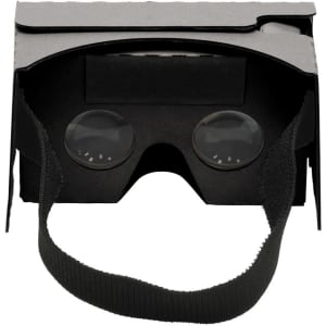 A pair of black virtual reality glasses with a secure strap and lenses visible inside.
