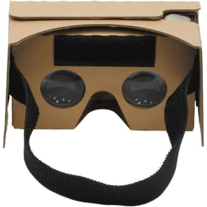 Cardboard virtual reality glasses with a black strap and two circular lenses, designed for smartphone use.