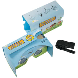 Virtual reality glasses in a light blue box with illustrations, featuring a black strap for a secure fit.
