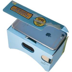 A blue box containing virtual reality glasses, with an open lid and a smartphone visible inside.